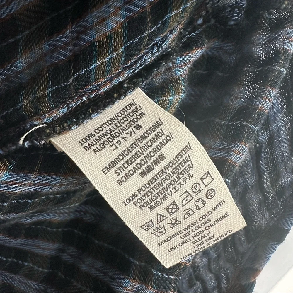 Free People Button Down Shirt Plaid Flannel Embroidered Boho Western Size Small